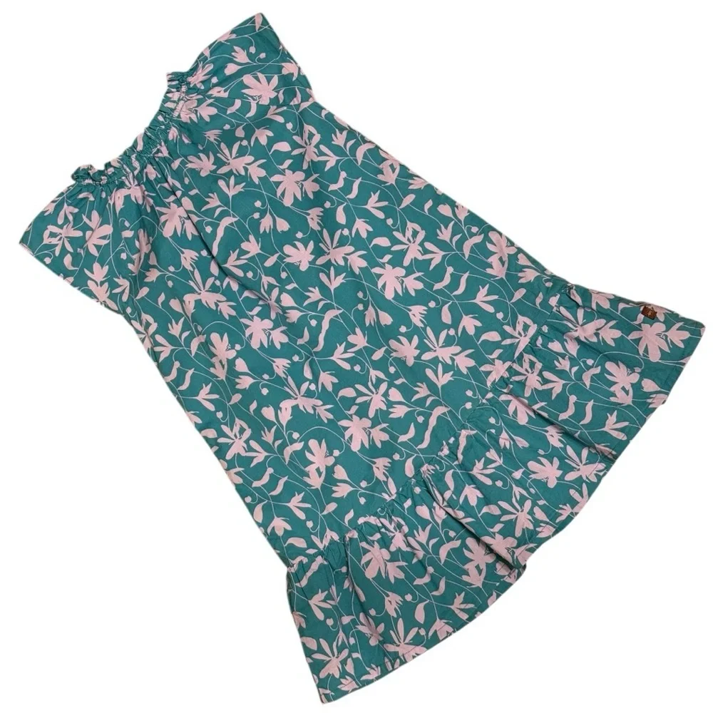 Tea Collection Girls Floral Dress Size 5 Teal Pink Ruffle Hem Cotton - Picture 2 of 5